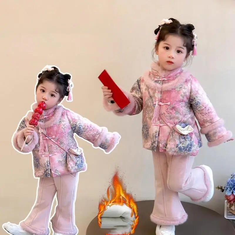 

Hot Girl Thicken Tops Pants Two-Piece Set Autumn Winter Coat Cotton-Padded Jacket Bell-Bottoms Child Kawaii Fashion New Clothing