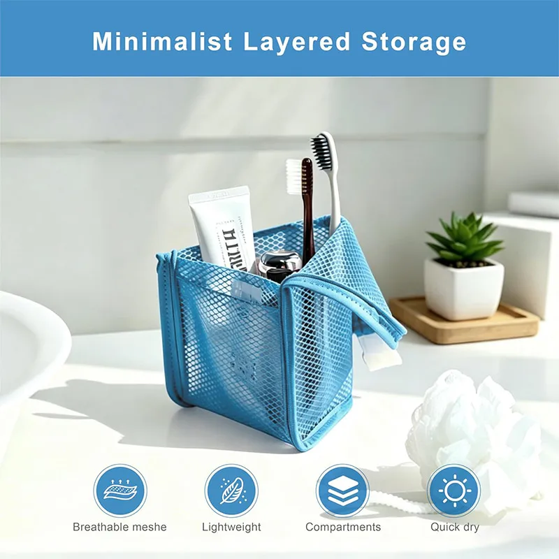 Portable Standing Toiletry Bag Waterproof Mesh Cosmetic Bag Storage Pouch Makeup Toothbrush Toothpaste Travel Bathroom Organizer