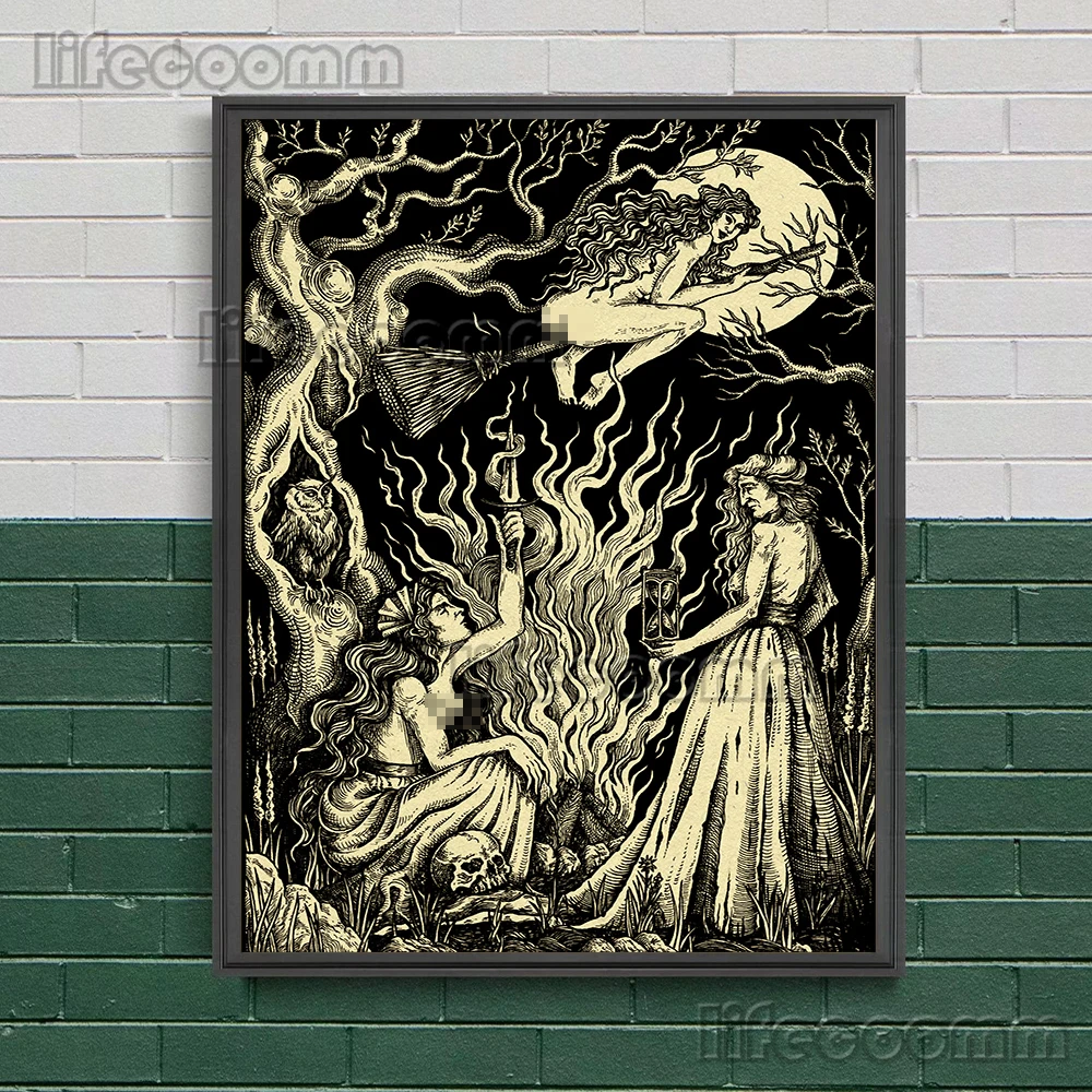 Hell Lord, Witch Sisters And Black Goat Phillip Vintage Wall Art Canvas Painting Mysterious Witch Sabbath Art Poster Print Decor