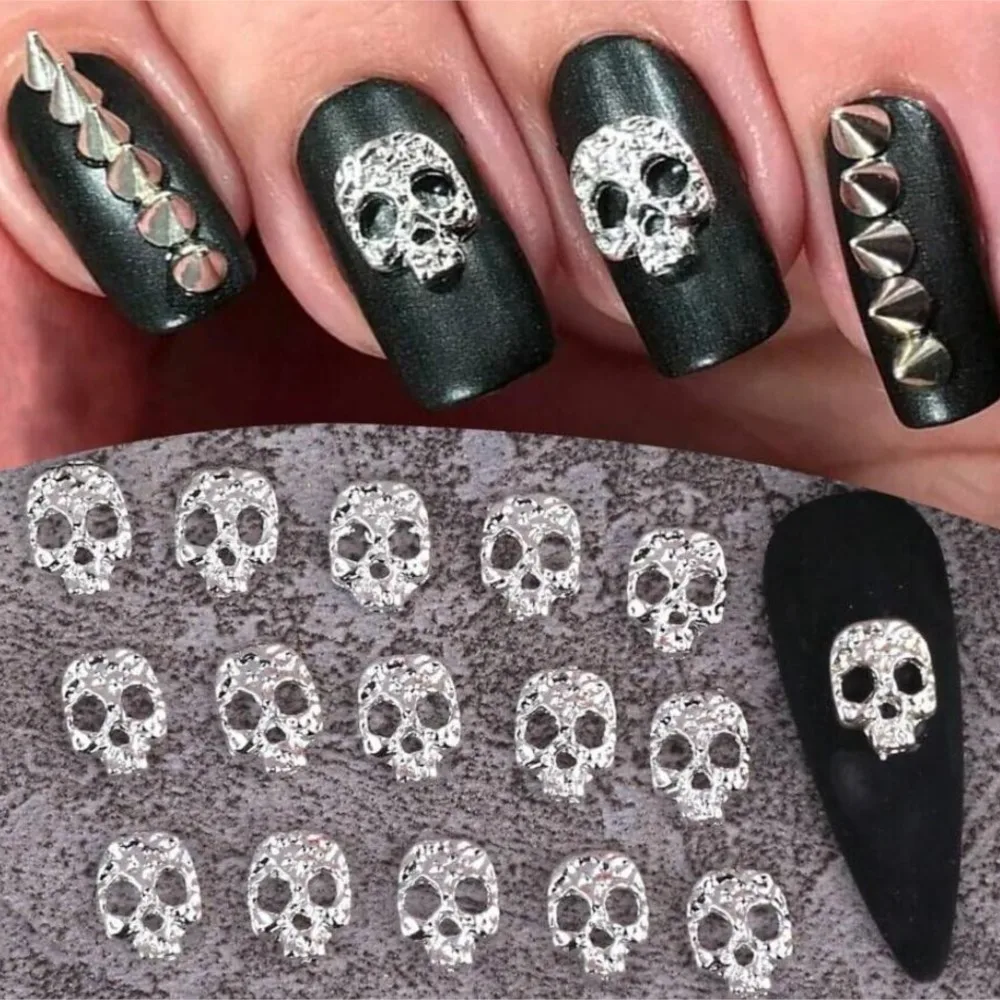 30개 할로윈 해골 펑크 고딕 합금 네일 참 골드 & 실버 스켈레톤 뼈 머리 네일 아트 장식 할로윈 네일 쥬얼리