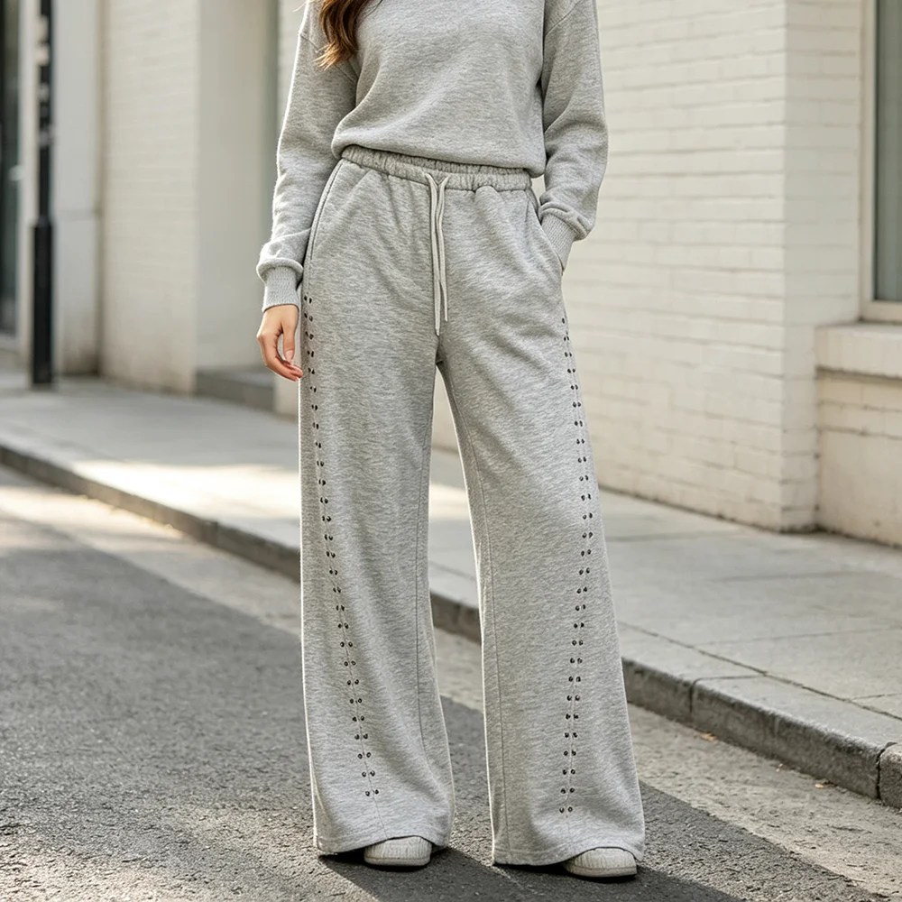 Autumn Women's Wide Leg Sports Casual Pants With Metal Rivets On The Side Drawstring Elastic Waist Loose Pants