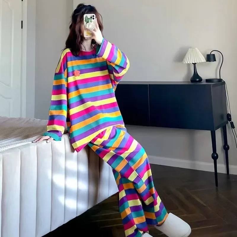 100KG Plus Size Korean Long Sleeved Pajamas Set Women Autumn Student Girls Rainbow Loungewear Can Be Worn Outside Loose Clothes