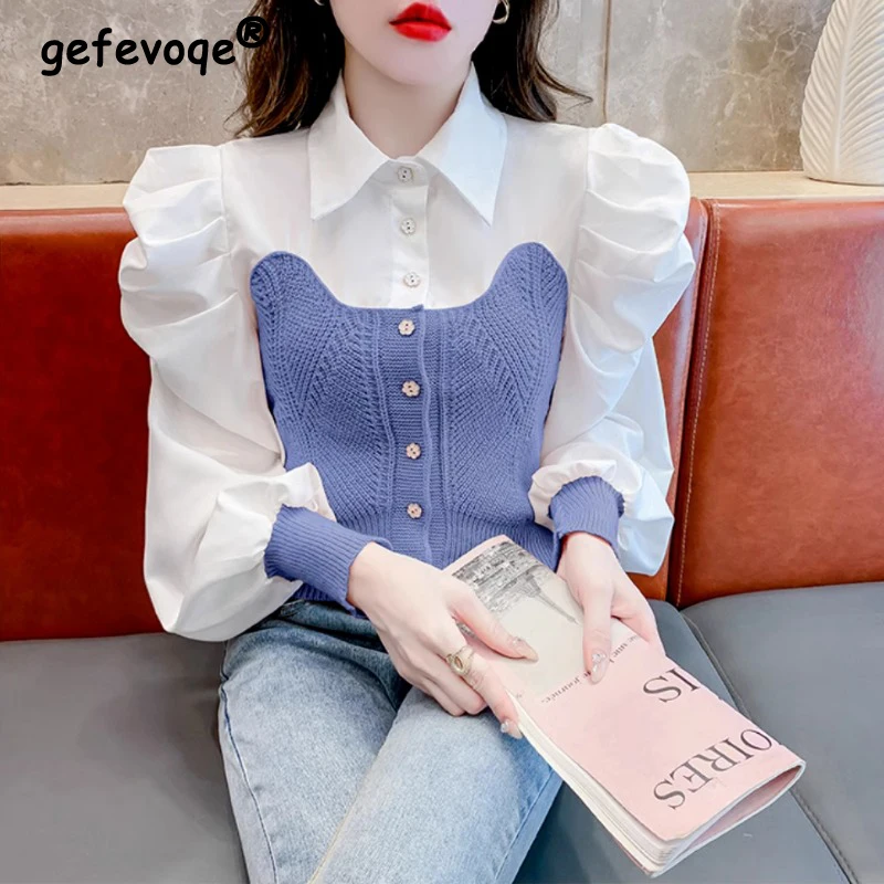 Women Stylish Knitted Patchwork Fake 2 Pieces Short Shirts Autumn Elegant Chic Sweet Blouses Female Casual Long Sleeve Slim Tops