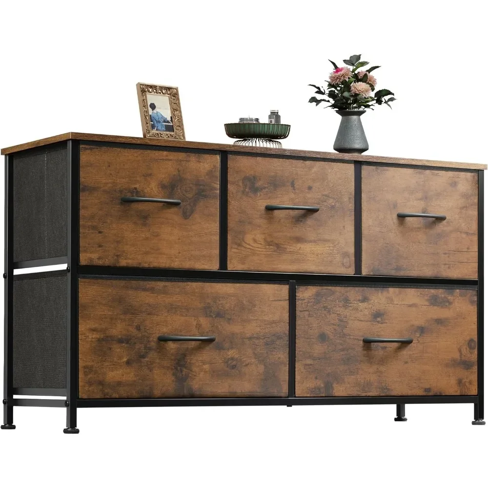 Dresser for Bedroom with 5 Drawers, Wide Chest of Drawers, Fabric Dresser, Storage Organizer Unit with Fabric Bins for Closet