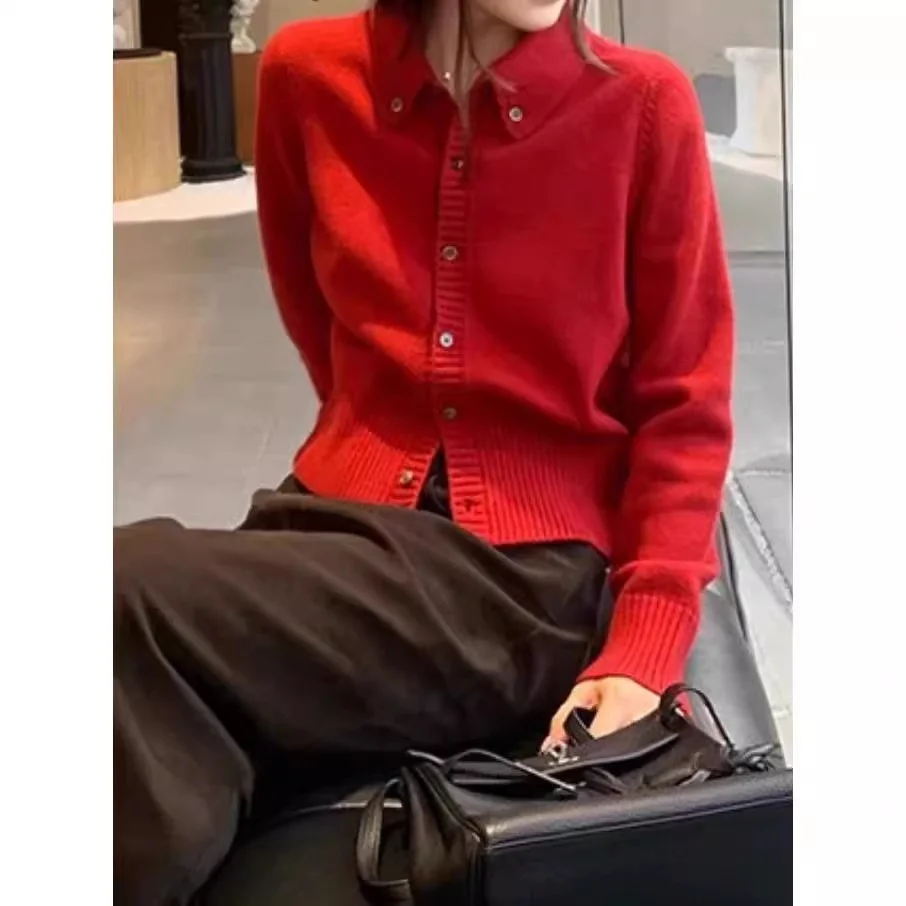 

100% pure wool cardigan women's lapel sweater fashionable slim fit short knitted autumn and winter series new product hot sellin