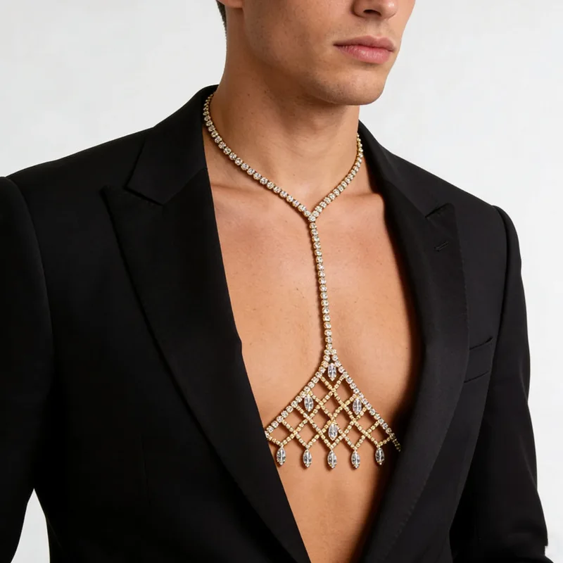 Striking Rhinestone Mesh Chest Harness Chain Elegant Geometric Front Body Jewelry Accent For Men Suit Nightclub Party Wear