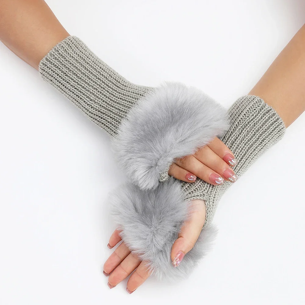 Women Furry Warm Sleeves Gloves Autumn Winter Lady Faux Rabbit Fur Fingerless Elastic Knitted Hemp Mittens Clothing Accessories