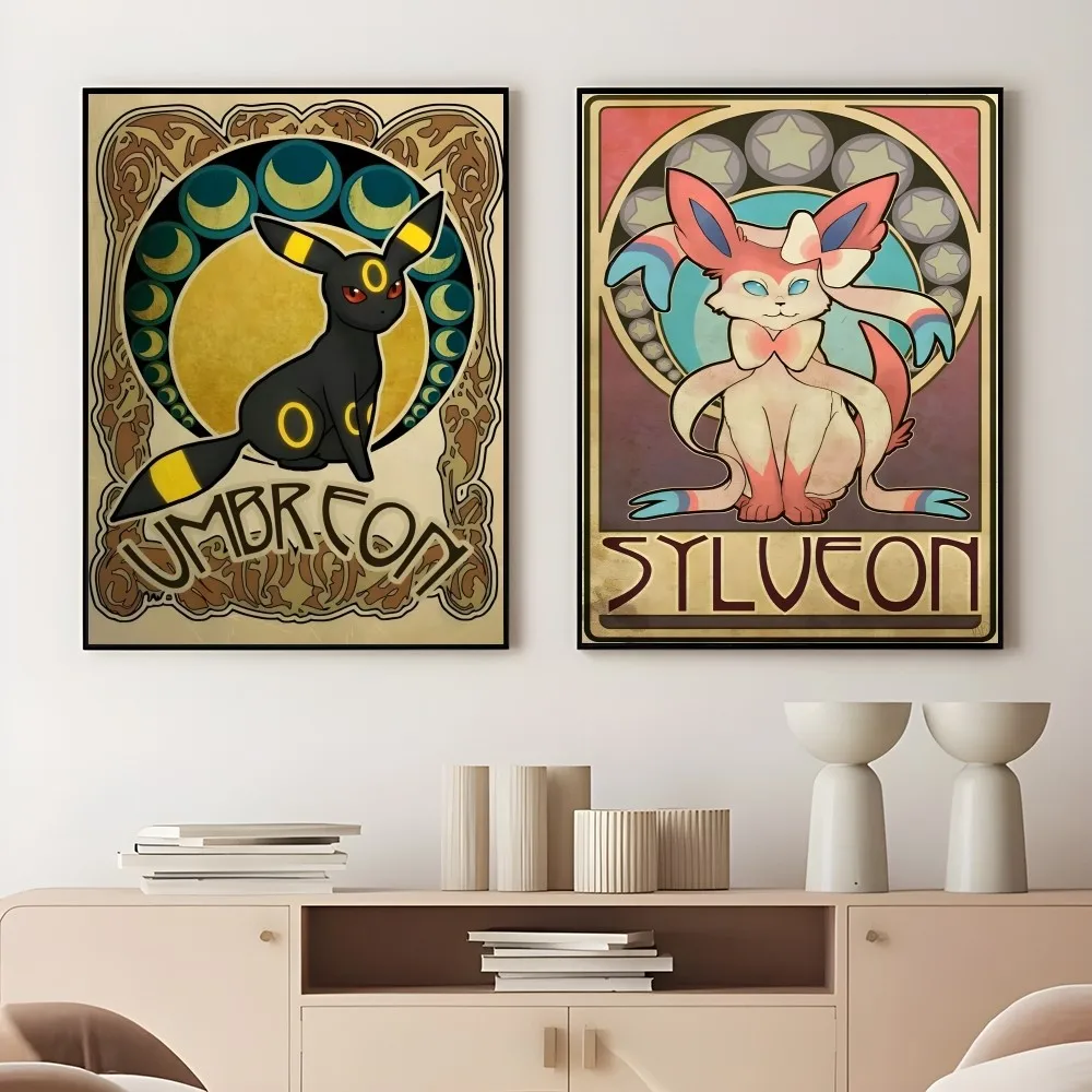 Sylveon Umbreon Retro Cute Poster Sticky Wall Art Printing Waterproof Home Living Bed Room Bar Aesthetic Decor