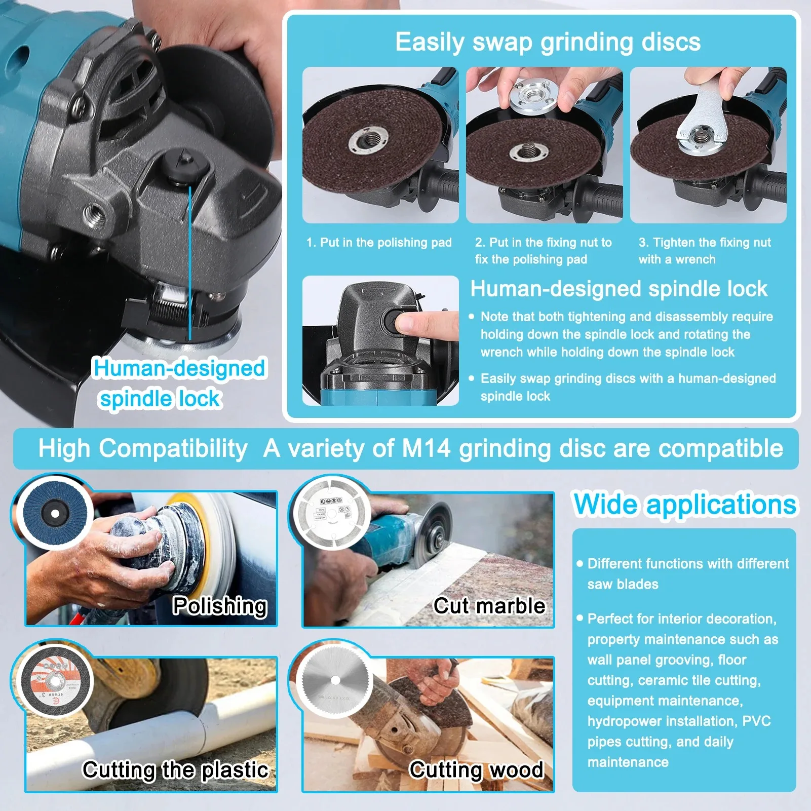 21V Cordless Angle Grinder Multifunction Brushless Motor Cutting Polishing Grinding Machine for 125mm M14 Thread Grinding Disc