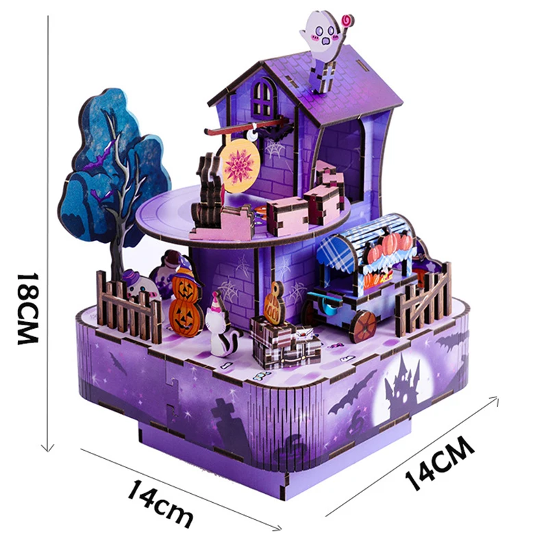 DIY Music Box Wooden Model Building Kits Ghost Train Assembled 3D Jigsaw Puzzles Can Move for Friends Halloween Gifts Home Decor