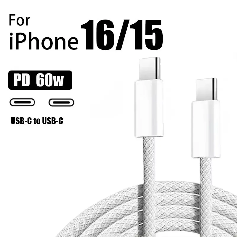 

60W USB-C to USB-C Fast Charge Cable for iPhone 16 15 Pro Max 16 15 Plus 16e Samsung S24 S25 Dual Type-C Braided Charger Cables