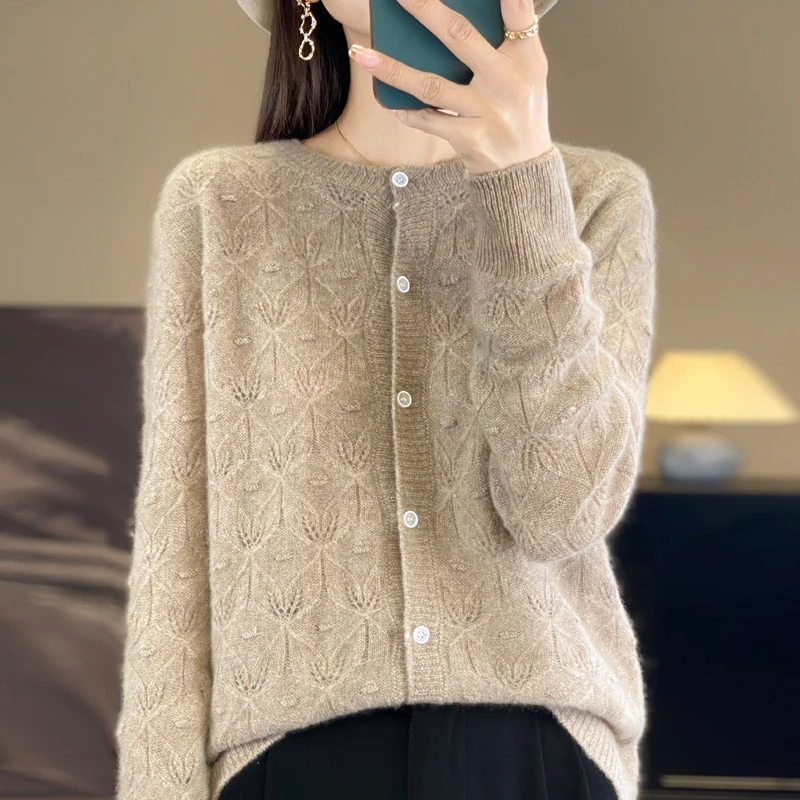 2024 Spring and Autumn New Women\'s Cardigan 100% Merino Wool Sweater O-neck Hollow Elegant Cashmere Knitted Coat Fashion Top