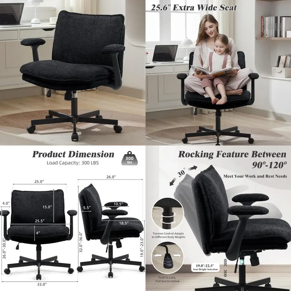 

Upholstered Wide-Seat Swivel Office Chair with Flip-Up Arms and Wheels, Comfortable Desk Chair for Home Office Use