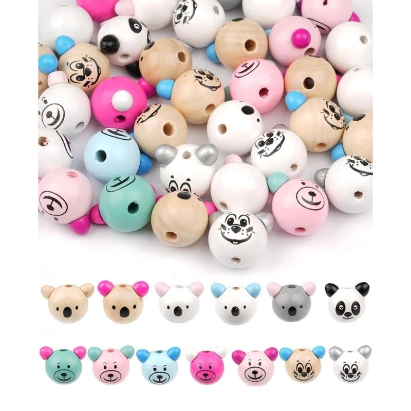 10 Pieces Natural Beads with Adorable Animal Faces Random Colors Necklace Spacer Beads Round Wooden Beads Craft DIY