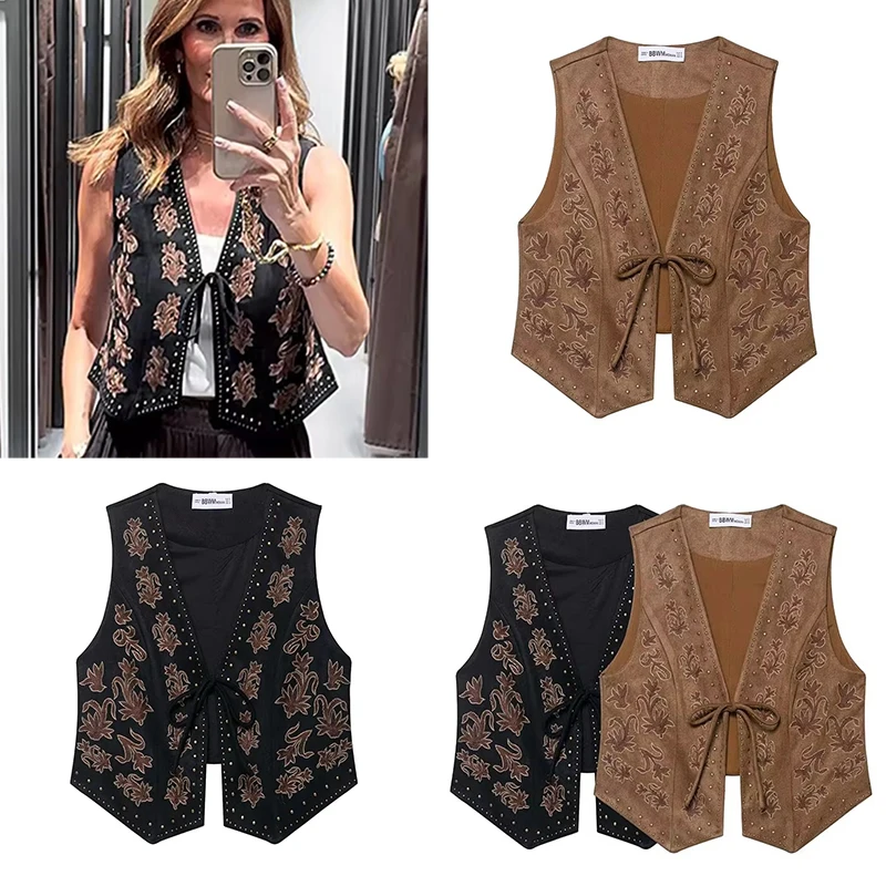 

Women Vest 2025 Women Autumn New Fashion Sleeveless Embroidery Rivet Decoration Vest Women Elegant Hight Street Top