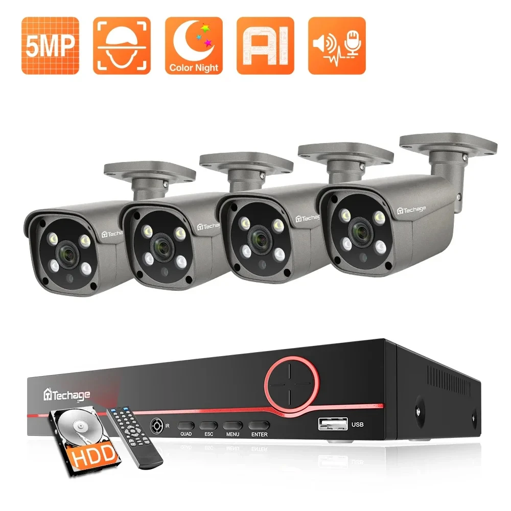 techage hd outdoor waterproof camera conjunto vigilancia sistema cctv gravador de audio kit poe p2p ip 5mp h265 8ch 01