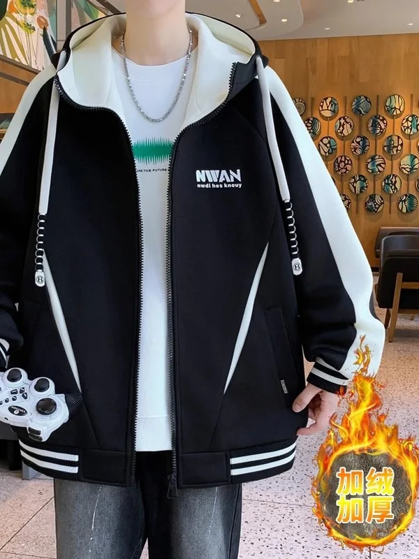 

Lamb Velvet Jaet Men's Autumn Winter Faion Casual Hooded Coat Men's Winter Trendy Brand Particle Velvet Coat Clothes