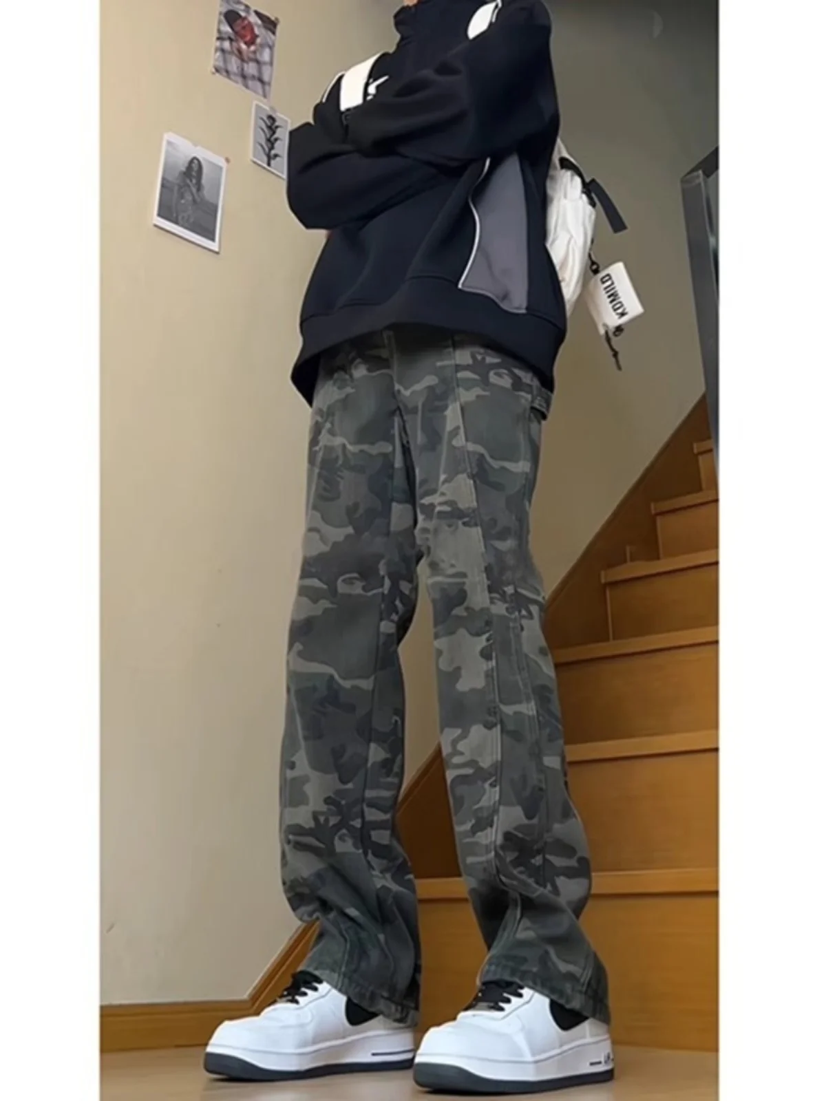 

American Style Camouflage Vibe Men's Straight Leg Jeans Casual Loose Fit Long Trousers Hip Hop Street Style Workwear