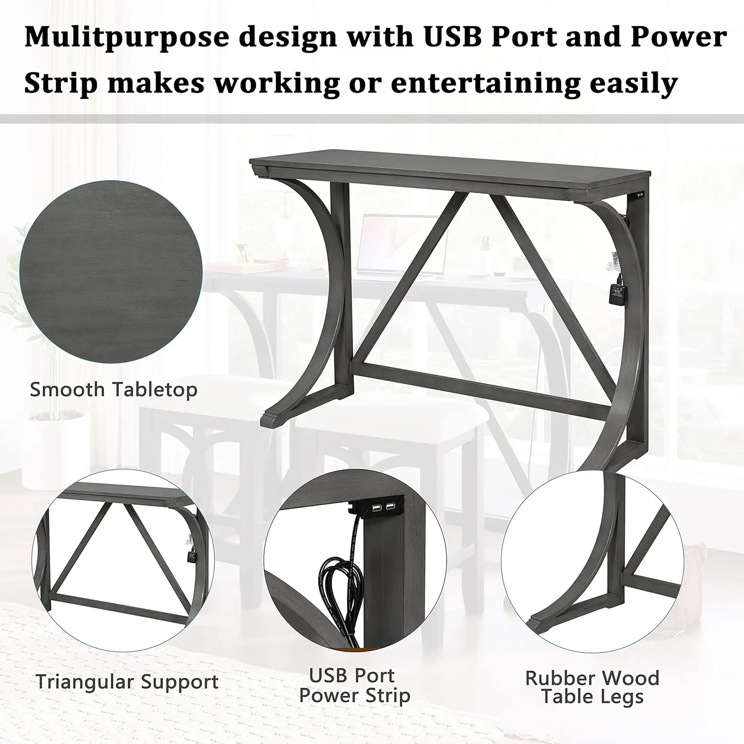 Juego de mesa de comedor de Bar de 3 piezas, juego de mesa de cocina de altura de mostrador con puerto Usb y 2 taburetes tapizados, desayuno de granja