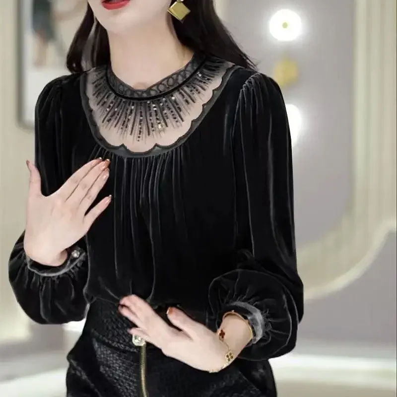 

New Style Loose Slimming Pleated Lantern Sleeve Small Shirt High End Heavy Industry Embroidered Velvet Top for Autumn and Winter
