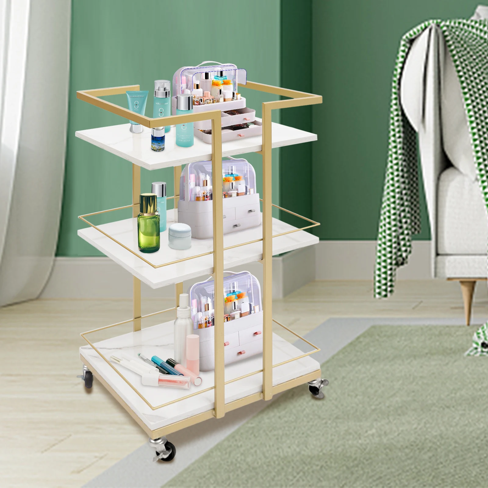 Utility Trolley 3-Tier Storage Rolling Cart Iron Wood White Gold Baking Paint with Wheels Multi-purpose for Cosmetics Snacks