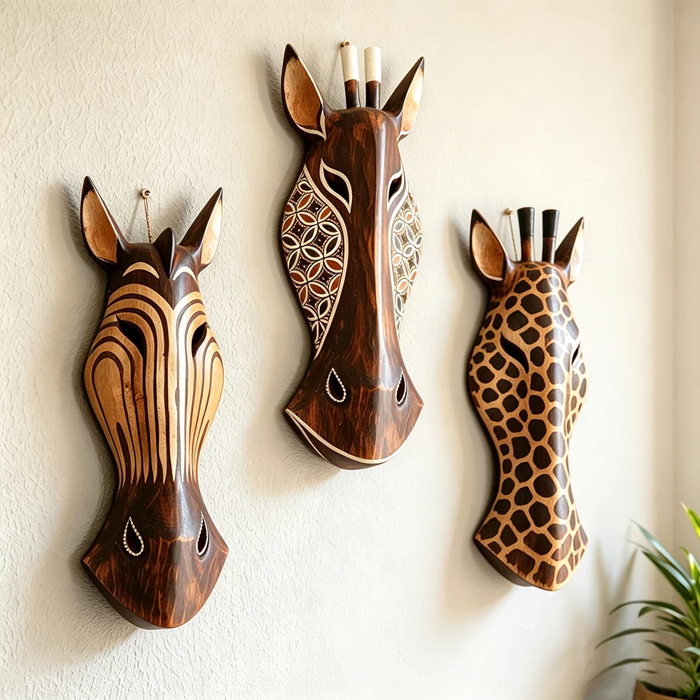 Bali-Style Wood Carved Wall Decor, 3D Deer Horse Mask Wall Hanging, Solid Wood Wall Art for Homestay Bar Wall Ornament, 50CM