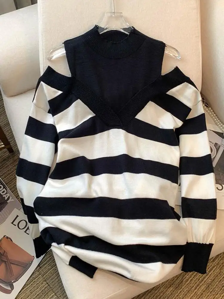 

French Autumn Winter White Pink Striped Patchwork Long Sleeved Short Sweater Women Off Shoulder Versatile Pullover Knitted Tops