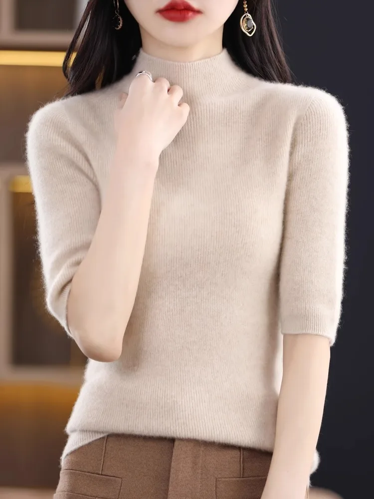 เสื้อไหมพรมถักทรงเข้ารูปสำหรับผู้หญิง คอสูง แขนห้าส่วน ความยาวปานกลาง ผ้าขนสัตว์