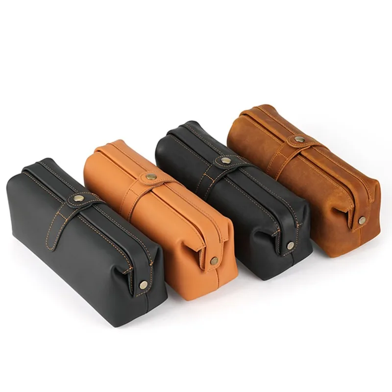 Head Layer Cowhide Office School Pencil Bag Multi Functional Handbag Retro Leather Storage Bag