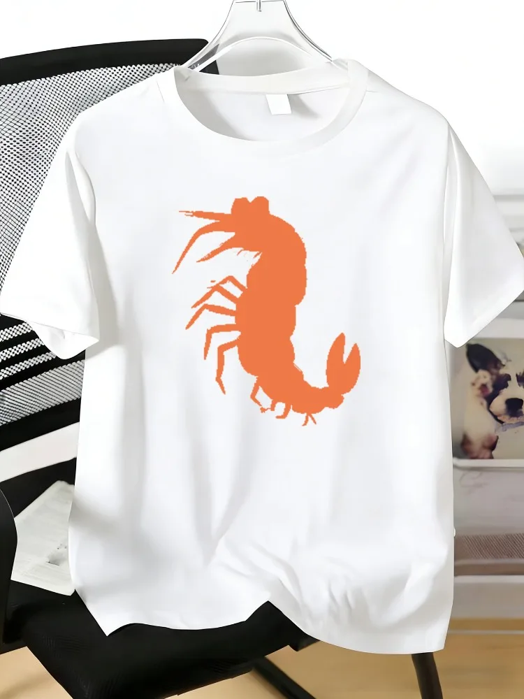 Summer Mens Loose Fit T Shirt Minimal Orange Lobster Silhouette Pattern Soft Light White Crew Neck Seafood Lover Streetwear Top