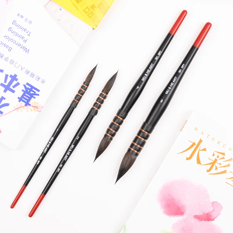 Pony Hair Mixed Watercolor Painting Brush 1PC Mop Hook Pen Pointed Round Head Wooden Handle Black & Red 301RPY MU HE ART