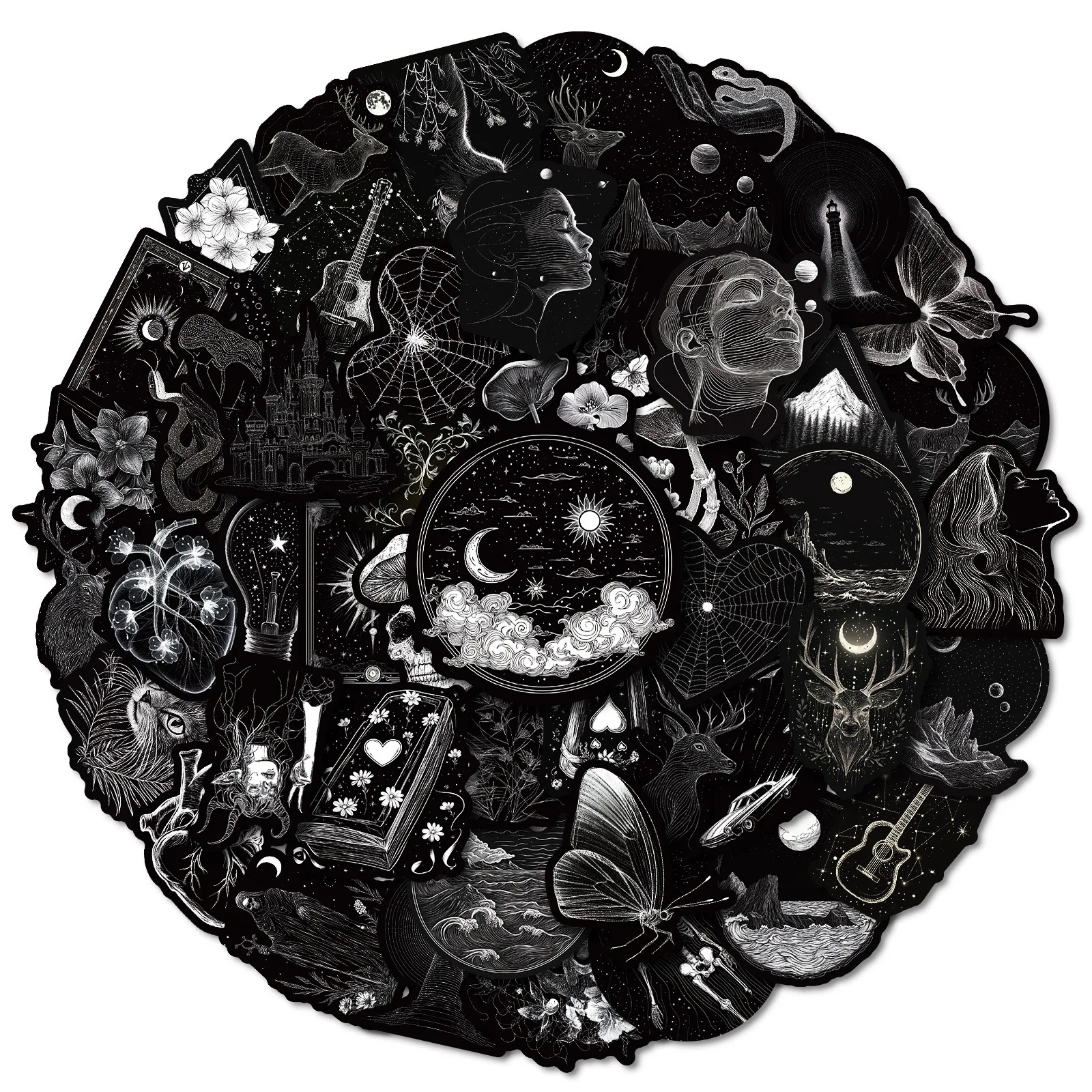 

50PCS IBlack White Gothic Skull Stickers Dark Aesthetic DIY Decals Waterproof for Scrapbooking Phone Luggage Skateboard