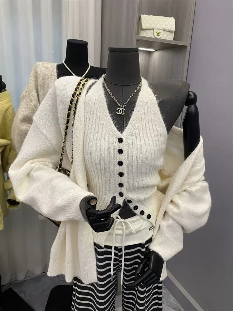 Women Two-Piece Set Knit Cardigan Tank Top Autumn Winter Halter-Neck Knit Jacket Tank Top V-Neck Long-Sleeve Sweater Cardigan