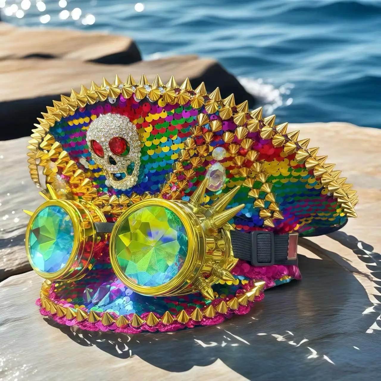 ホンルアン ゴールデンゴーグル キャプテンハット ラインストーン付き 音楽祭 女性用 カーニバルコスチュームハット＆コスプレ 女性用アクセサリー