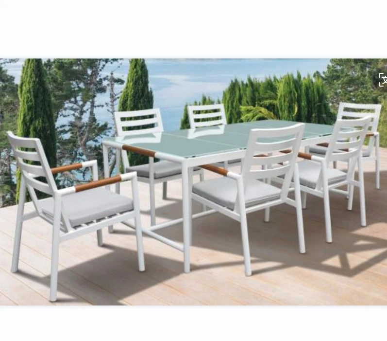 

7pcs Modern Design Aluminum Teak Wood Dining Table Set for Outdoor Kitchen Hotel Bedroom Villa Apartment Use