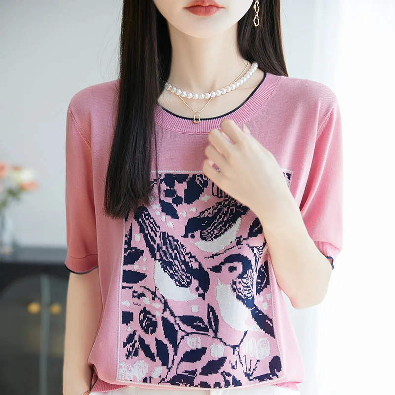 

High end design bird jacquard 100% Lyocell women's knitted short sleeved T-shirt round neck thin style Western style top T-shirt