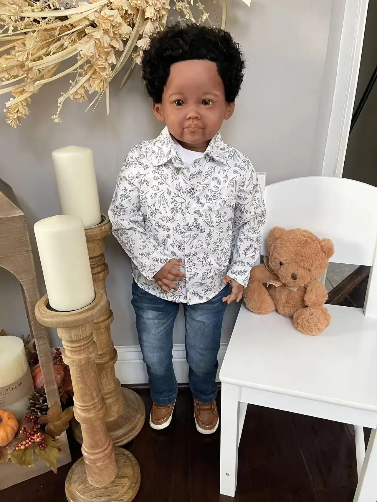 DLS Maßgeschneiderte 32-Zoll-Reborn-Baby-Leonie-Jungenversion mit dunkler Haut, bereits fertige Puppe mit handgewurzelten Haaren, Weihnachtsgeschenk