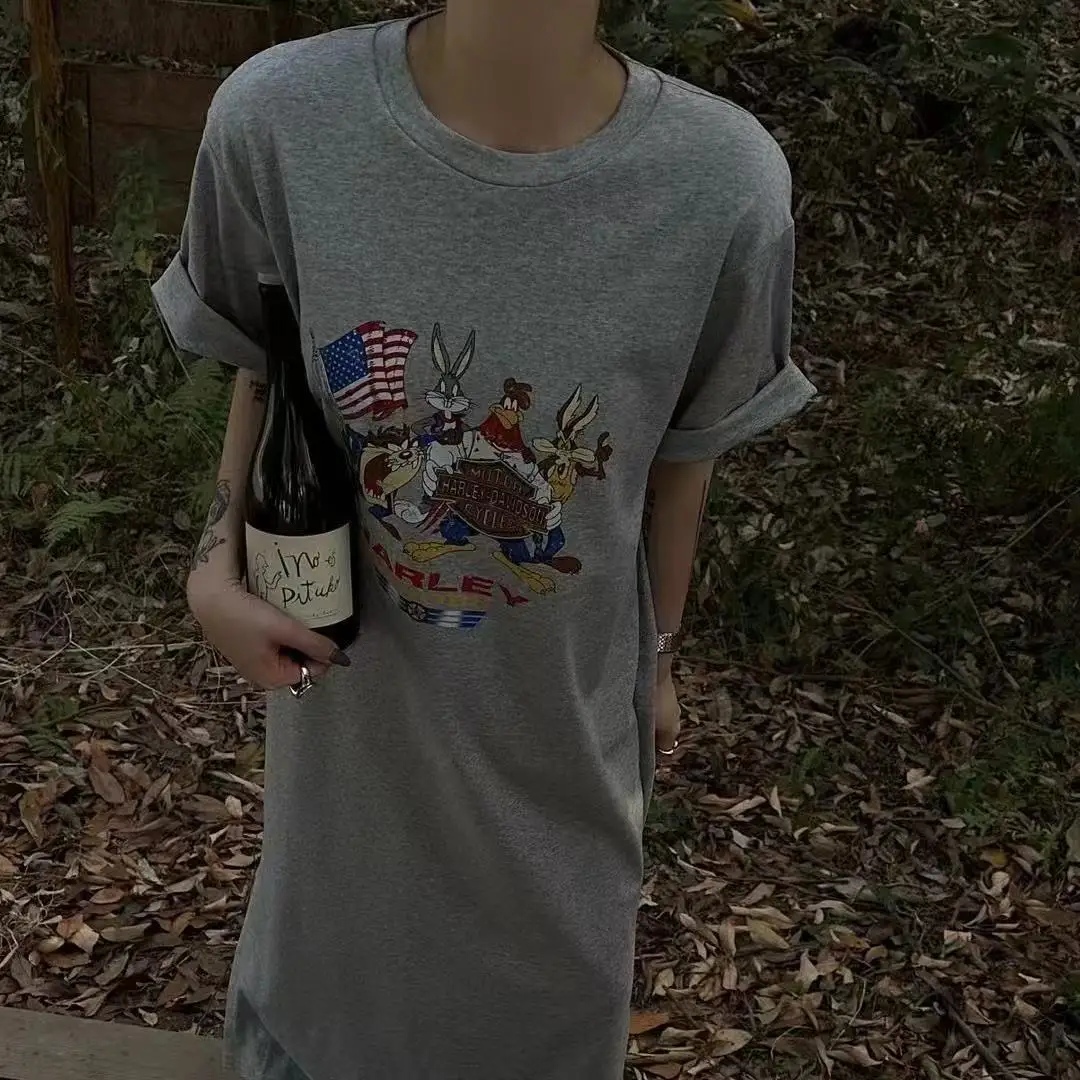 Coréen Sle Lâche Grande Taille Hong Kong Sle Design Or Sve T-shirt mi-long fendu Dr peut être porté à l'extérieur Casual Po...