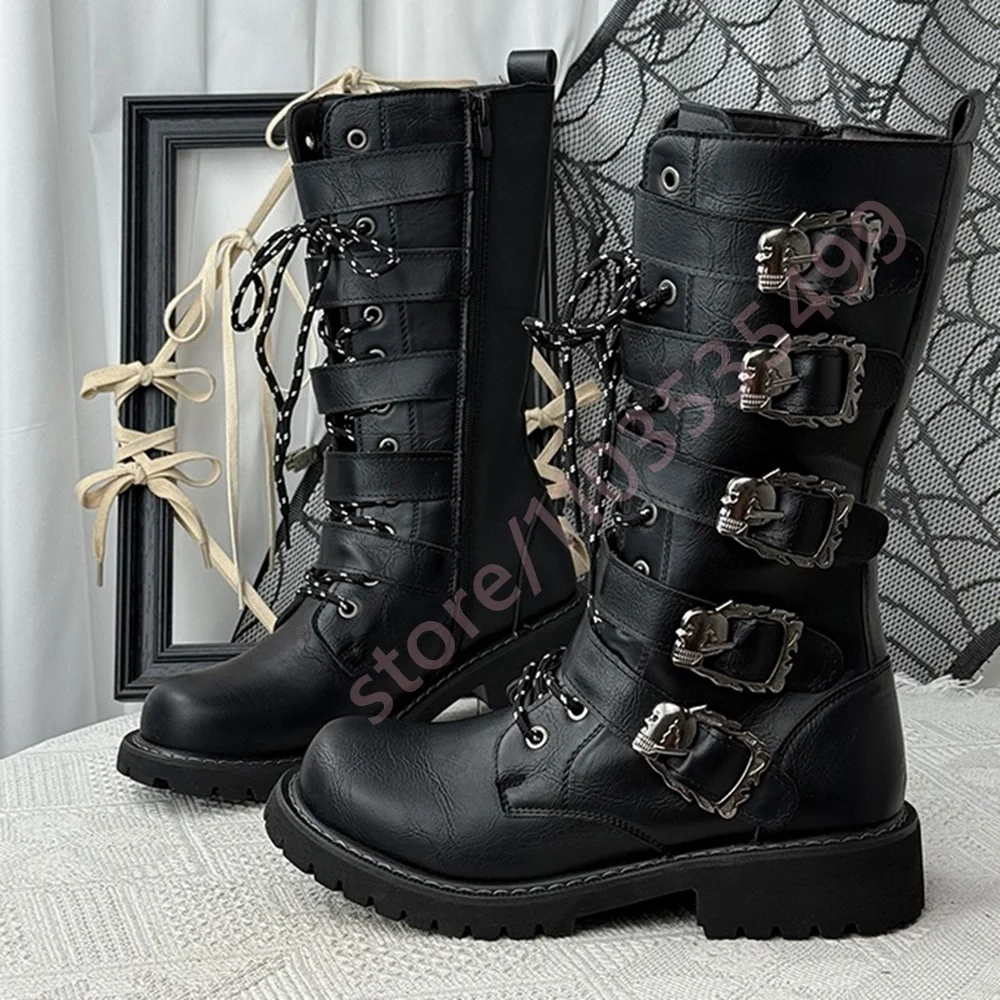 

Black Punk-Style Belt Buckle Riding Boots 2025 Fall Round Toe Retro Ladies Chunky Heel Motorcycle Boots Casual Lace-Up Boots