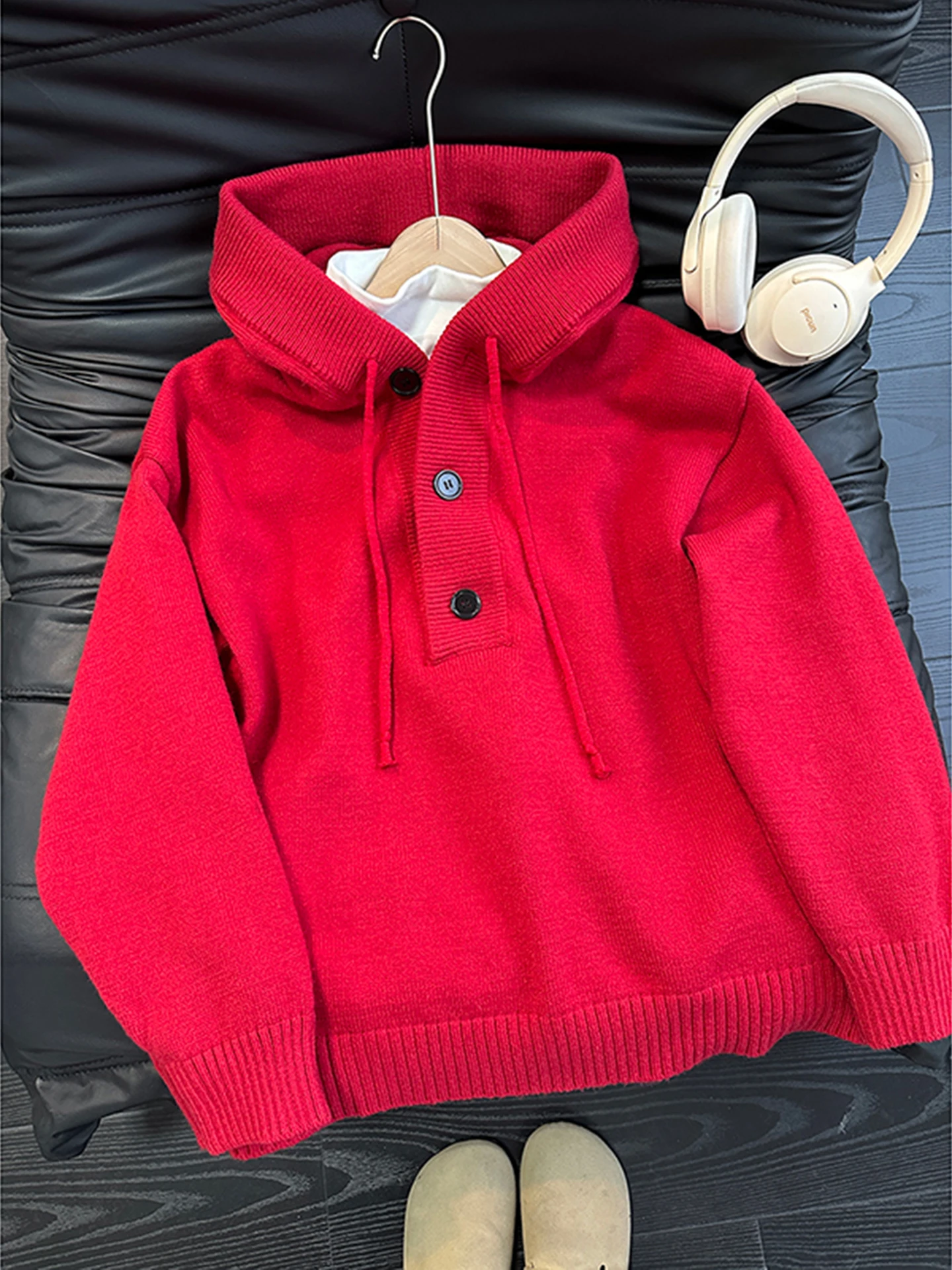 

Thiened Red Knitted Hat Sweater Men's Winter Casual Sle Cisas Aosphere New Year's Clothing f Open Zipper Knitwear