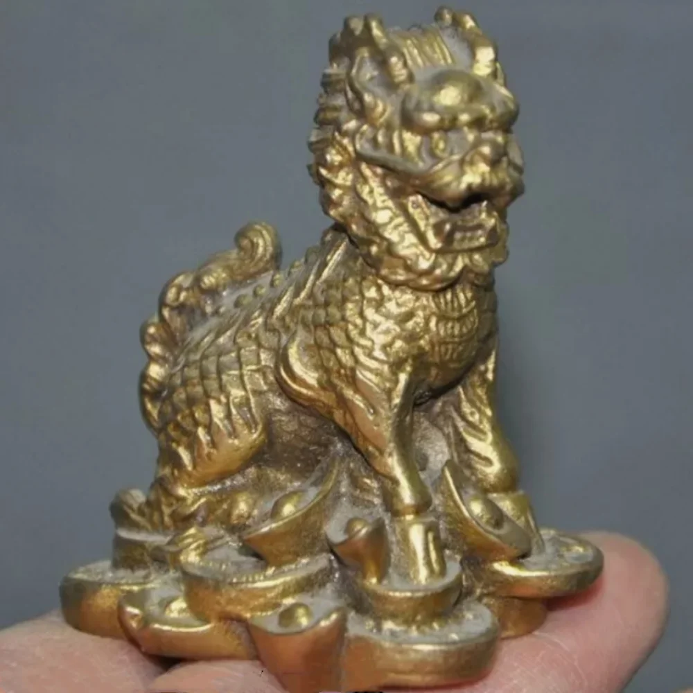 2.6'' Old chinese Feng Shui brass wealth lucky Kylin Chi-lin Qilin Beast statue