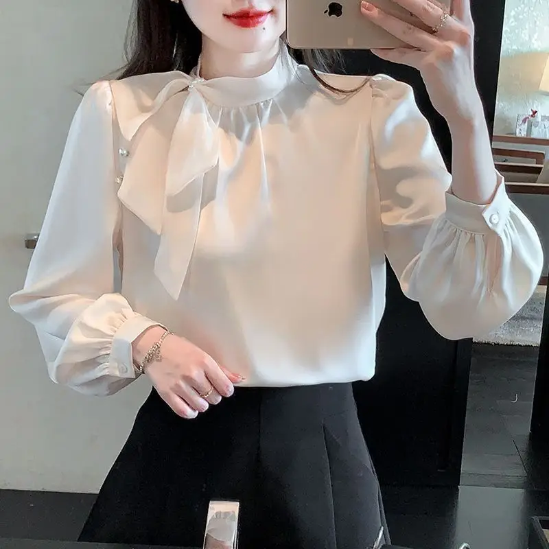 Womens Korean Fashion Beaded Bow High Quality Blouse Office Lady Elegant Chic Commute Shirt Ruffled Long Sleeve Loose Fairy Tops