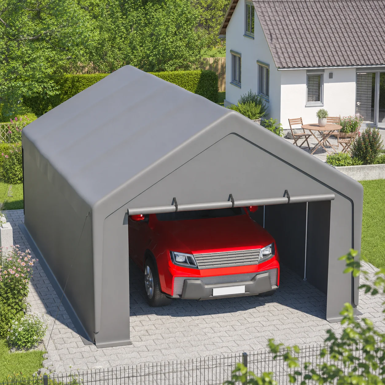 Image of 13*25FT Verzinkter Stahl-Carport, Tragbarer Garagenunterstand mit 160g PE-Abdeckung, Wind- und UV-Beständig für Fahrzeuge im Freien