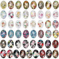 50pcs Oval Glass Cabochons 25x18mm Flower Printed Glass Cabochons Vintage Mixed Color Mosaic Tile for Craft Photo Pendant