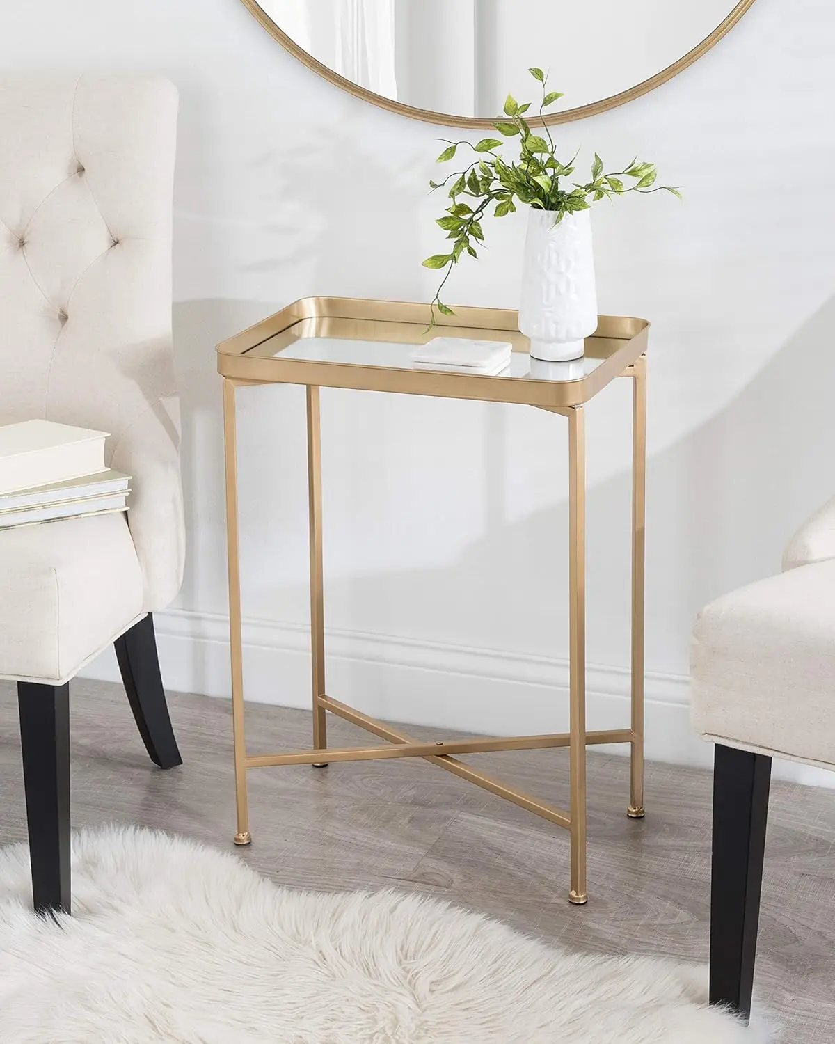 

Modern Mirrored Tray Side Table, 18 x 12 x 26, Gold, Foldable Rectangular End Table for Storage and Display