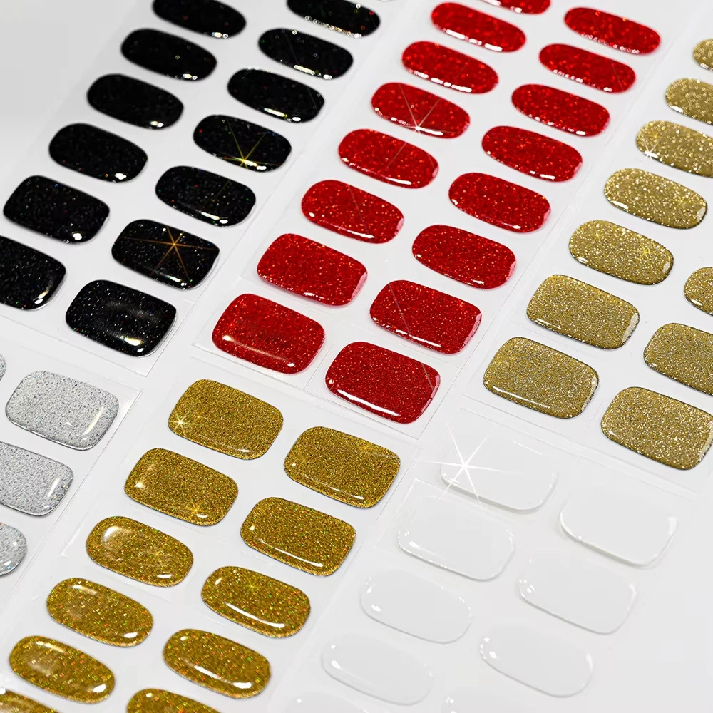 16 sztuk jednokolorowych, półutwardzonych naklejek na paznokcie z żelem UV, błyszczące, trwałe, samoprzylepne paski na paznokcie dla kobiet.