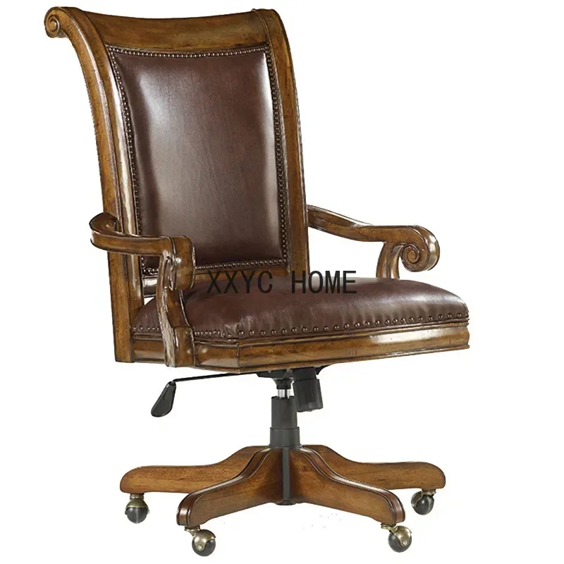 

North American Hooker Country Antique Oil Wax Leather Solid Wood Lifting Study Chair Villa Owner Office Swivel Chair