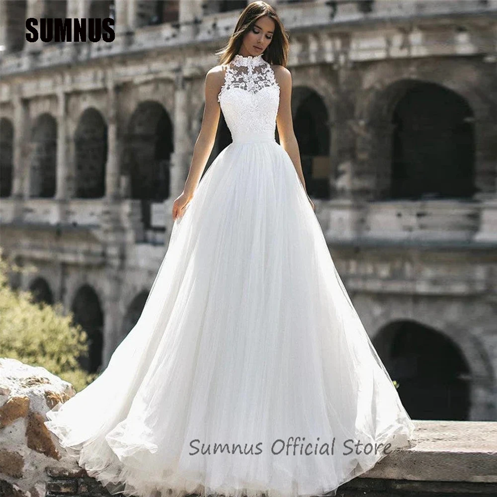 SUMNUS-Vestido de Noiva Clássico Linha A, Sem Mangas Tule Vestidos De Noiva, Renda Sexy, Gola Alta, Vestido Princesa Noiva