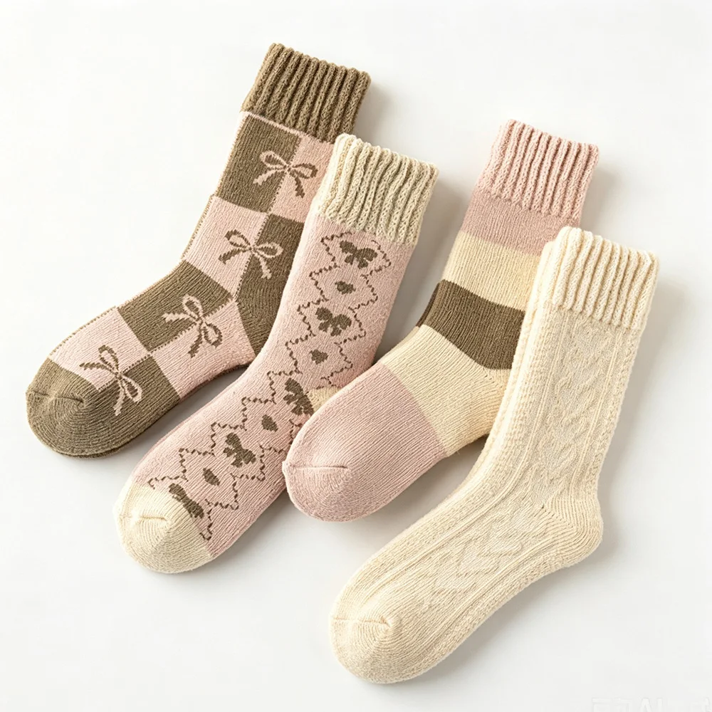Damen Winter Warme Dicke Wollsocken 4 Paar Vintage Schleife Kariert Mittellange Weiche Socken für Frauen Tägliche Freizeitkleidung Zuhause