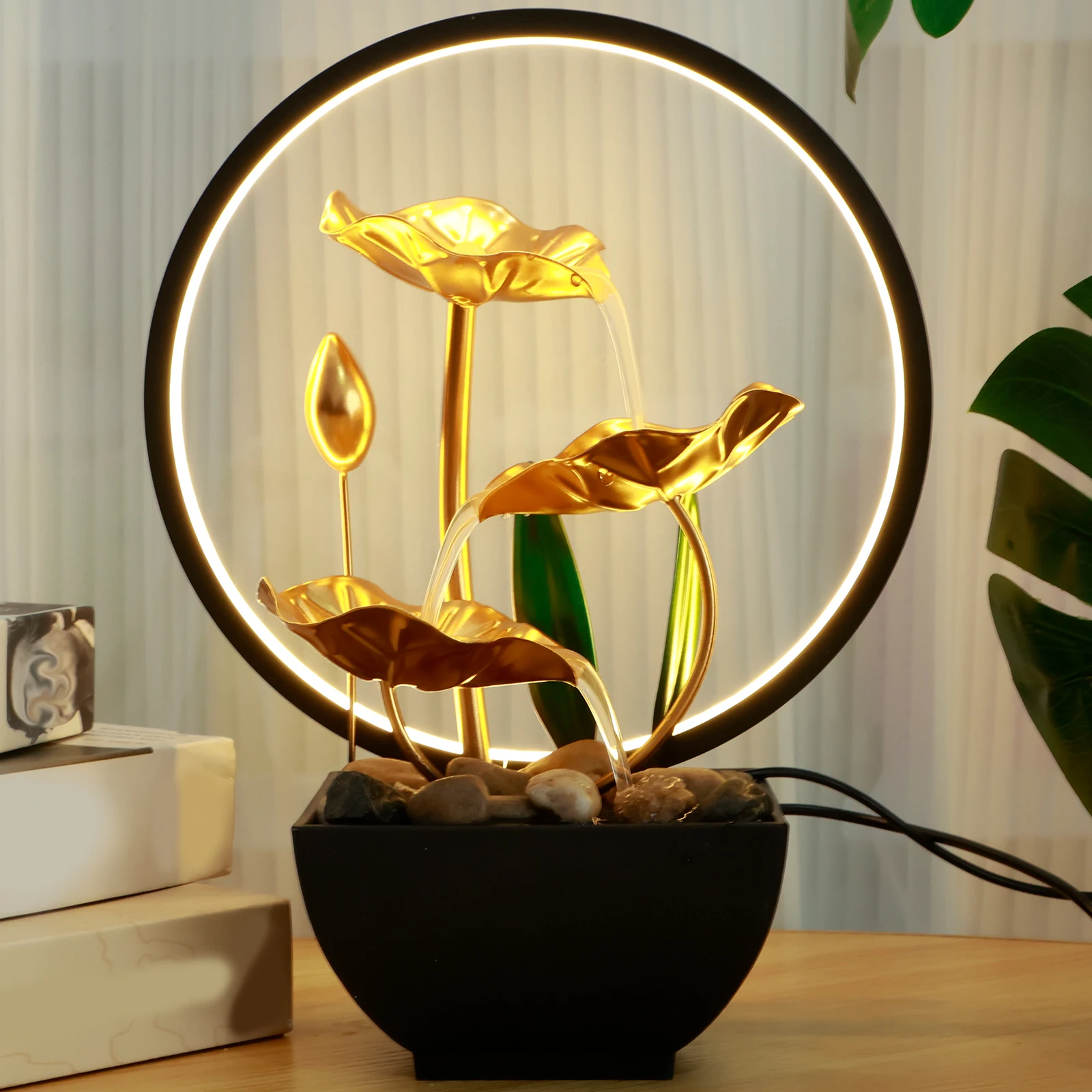 Flowing Water Fountain Decor Tabletop Fountain Water Circulating LED Ring Lights Meditation Lucky Fortune Craft for Home Office